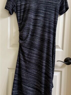 Athleta Short-Sleeve Striped Midi Dress in Black and Gray